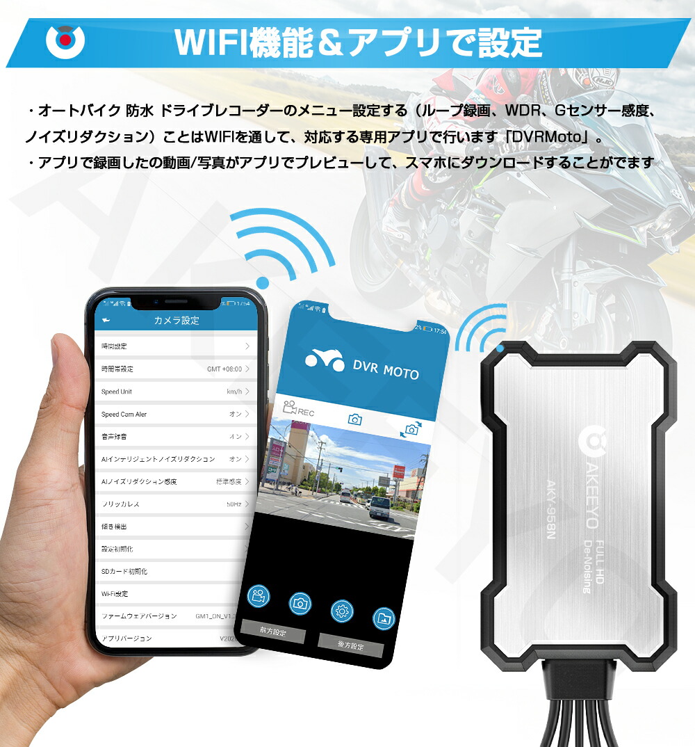 AKEEYOバイク用ドライブレコーダー前後カメラ前後防水WiFi搭載カメラ1920×1080P3インチIPS液晶WDRリモコン付き全体防水32GBMicroSDカード付きGセンサー常時録画ループ録画スマホ連携日本語説明書一年間品質保証