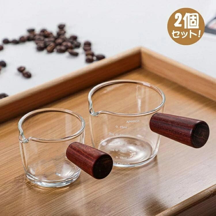 【2個セット】 計量カップ 耐熱ガラス 目盛り付き ミニ測定カップ メジャーカップ 木製ハンドル付き（75ml目盛り付き+40ml目盛り無し）画像