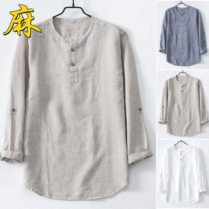 七分袖シャツ メンズシャツ ゆったり風 カジュアルシャツ クルーネック ヘンリーネック 7分袖 亜麻シャツ トップス