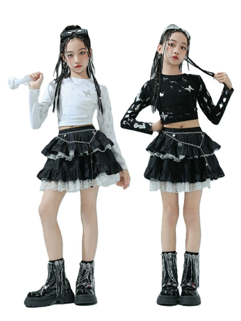 韓国風 応援団 発表会 練習着 HIPHOP 舞台服 演出服 おしゃれ 足カバー 3点セット トップス スカート ホワイト ブラック カッコ