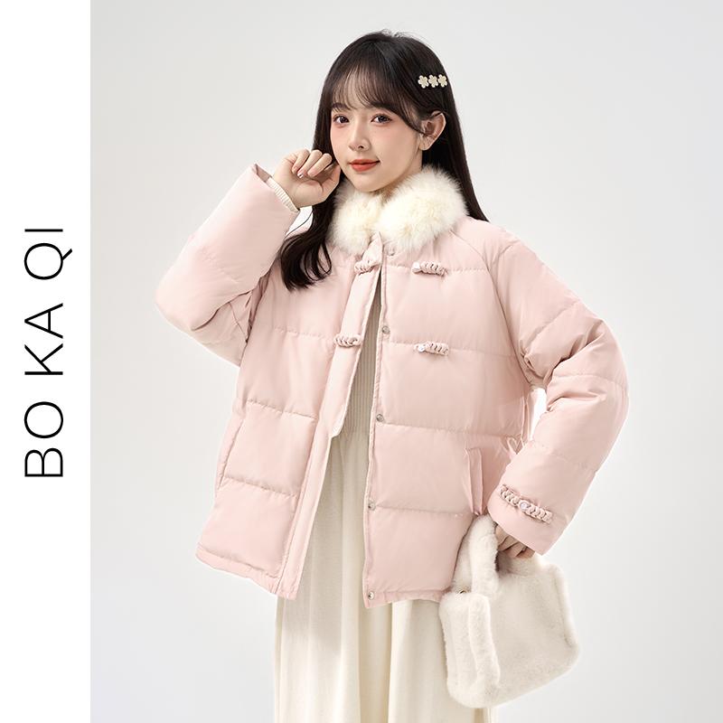 冬 ショート ホワイトダックダウン ルース カレッジ ガーリー 女性 ダウン 暖かい 厚手 襟 毛皮 ピンク ファッション レディース