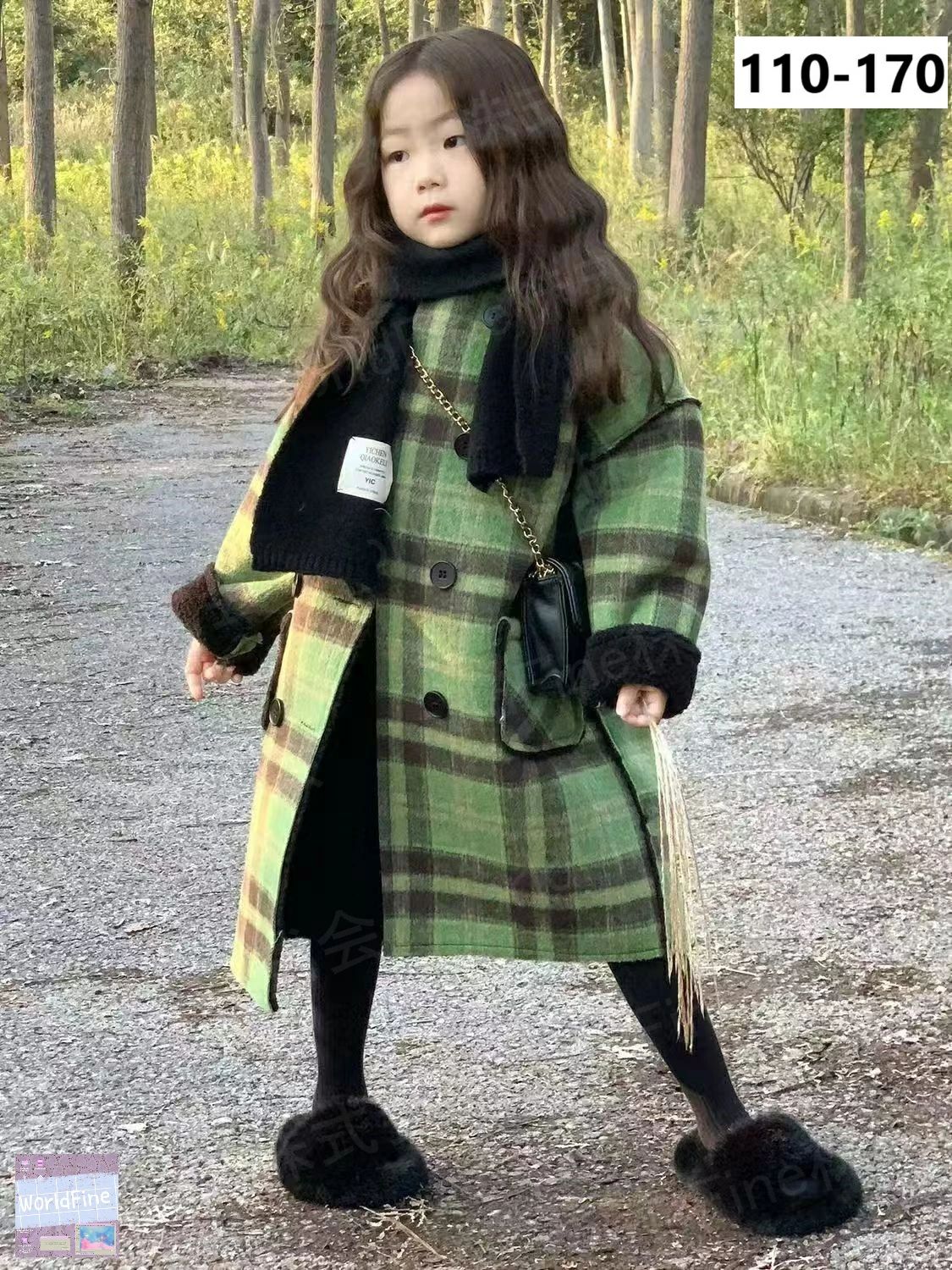 ダブルボタン チェック柄 女の子 コート ロング丈 アウター 子供服140女の子 子供上着150 厚手 ロングコートキッズ