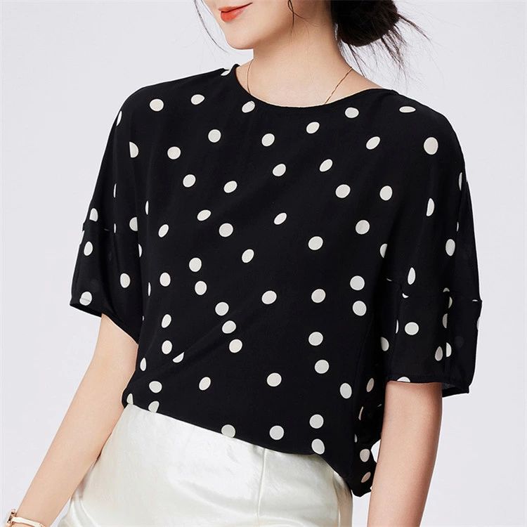 通 エレガント 光沢感 高品質 ポイント柄 トップス オフィス シルク ブラウス ラウンドネック silk シルク 五分袖 半袖 tシャツ