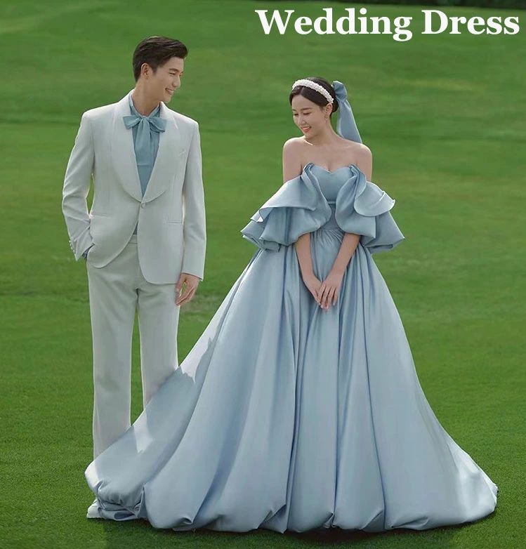 オフショルダー 高級感 フリル 韓国風 カラードレス ブルー お姫様 結婚式 前撮り 誕生日 花