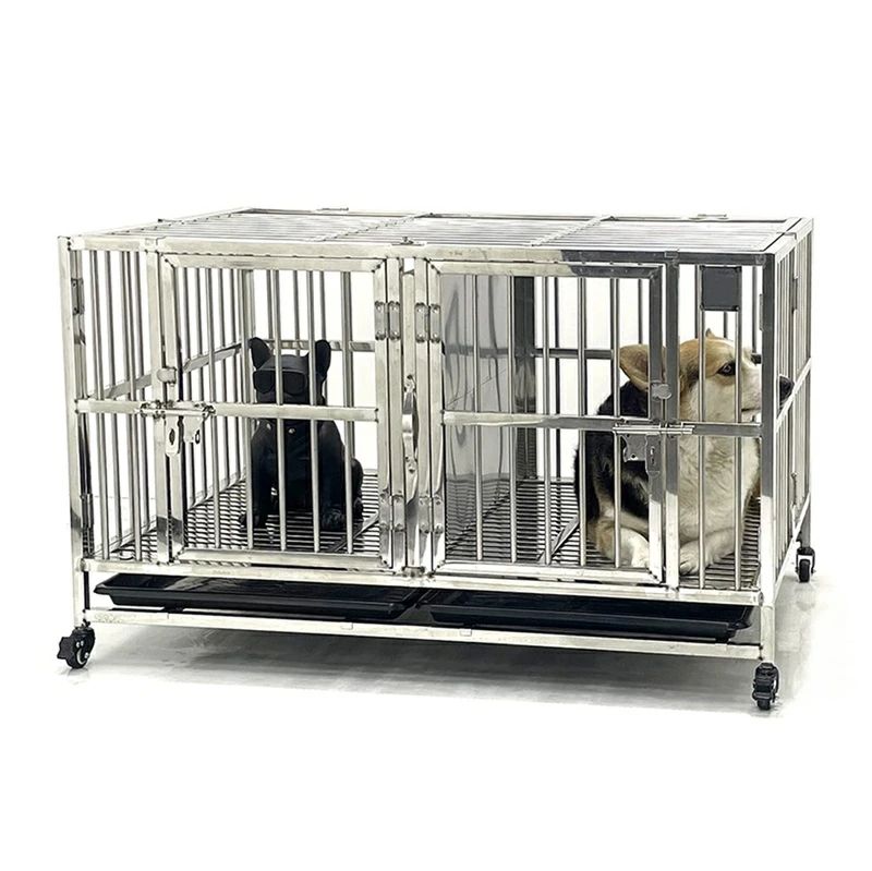 テンレス製の犬用ケージ 2匹の犬が喧嘩しないように真ん中に仕切りがあります 屋内と屋外に適しています ユニバーサルホイール｜tenShop