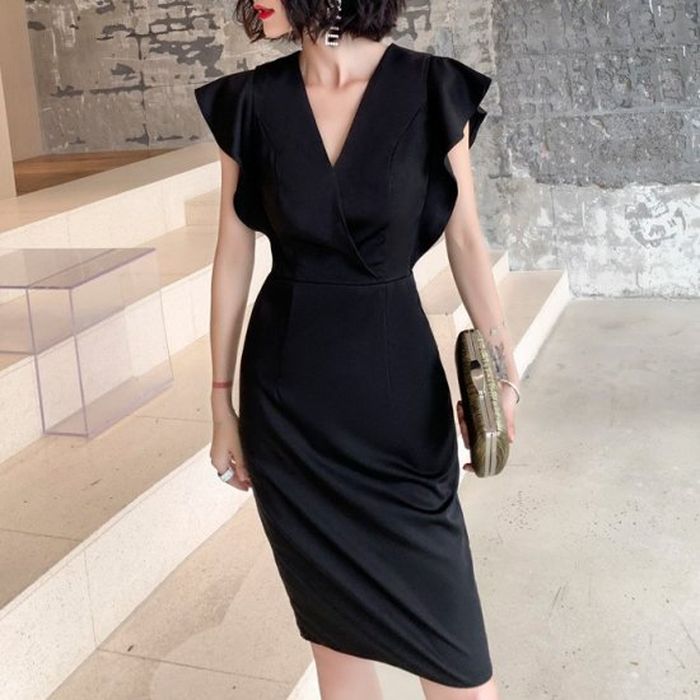 楽天市場 パーティードレス 韓国 即納 ワンピース 結婚式 二次会 謝恩会 膝丈 ブラック 黒 エレガント おしゃれ タイト 個性的 パーティ 同窓会 ノースリーブ 膝下 10代 代 30代 40代 S M L 安い 人気 海外 ボディコン 袖あり Pots