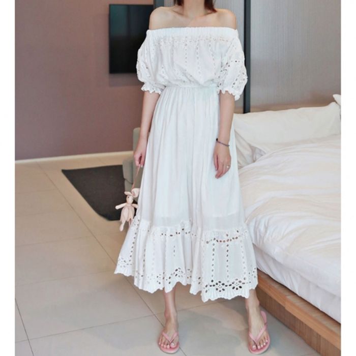 楽天市場 ワンピース ロング オフショルダー コットンレース かわいい ナチュラル リゾート 私服 代 30代 40代 白ホワイト S M L Xl Pots
