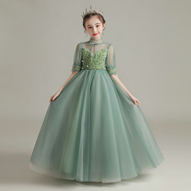 子供ドレス グリーン ロング ピアノ発表会ドレス 女児ドレス ロングドレス ホワイト ハイネック 緑 結び付き リボンオシャレ パフスリーブ キッズドレス ショット丈 前短後長 七五三ドレス 子供服 子どもドレス 白 入学式 卒業式 送料無料 100 110 120 130 140 150 160