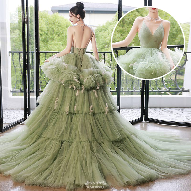 ウェディングドレス グリーン 前撮り ロングドレス 結婚式ドレス 二次会ドレス イブニングドレス オフショルダー カラードレス キャミドレス パーティードレス オフショルダー プリンセスドレス Aライン ピアノ発表会ドレス 演奏会ドレス 送料無料 S M L LL 3L 4L｜天国ショップ