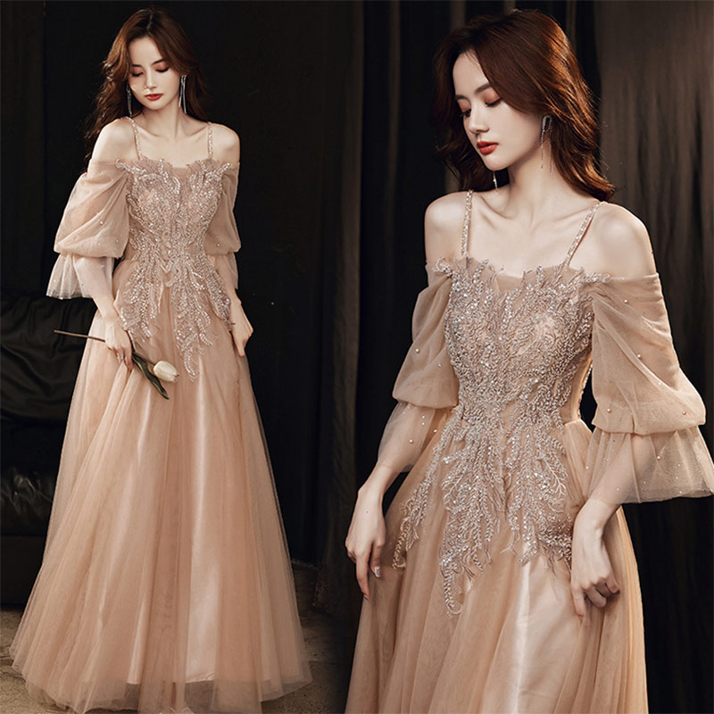 イブニングドレス ベージュ オフショルダー ロングドレス キャミドレス キレイめ 結婚式ドレス 二次会ドレス ロング Aライン パーティードレス 発表会ドレス コンクール フォーマル 肩出し スパンコール 七分袖 バルーンスリーブ 送料無料 SS S M L 2L 3L 4L