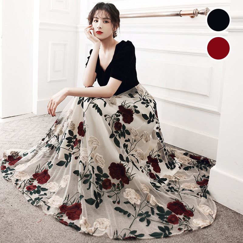 イブニングドレス 黒 花柄 ドッキング チュール ロングドレス オシャレ ワイン赤 パフスリーブ 発表会ドレス パーティードレス Aライン ベロア ベルベット ショート丈 ミモレ丈 半袖 成人式ドレス 結婚式ド 刺繍 二次会 お呼ばれ 送料無料 SS S M L 2L 3L 4L 5L