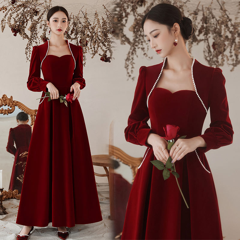 楽天市場】ゲストドレス ワインレッド ベロア ベルベット 長袖 結婚式