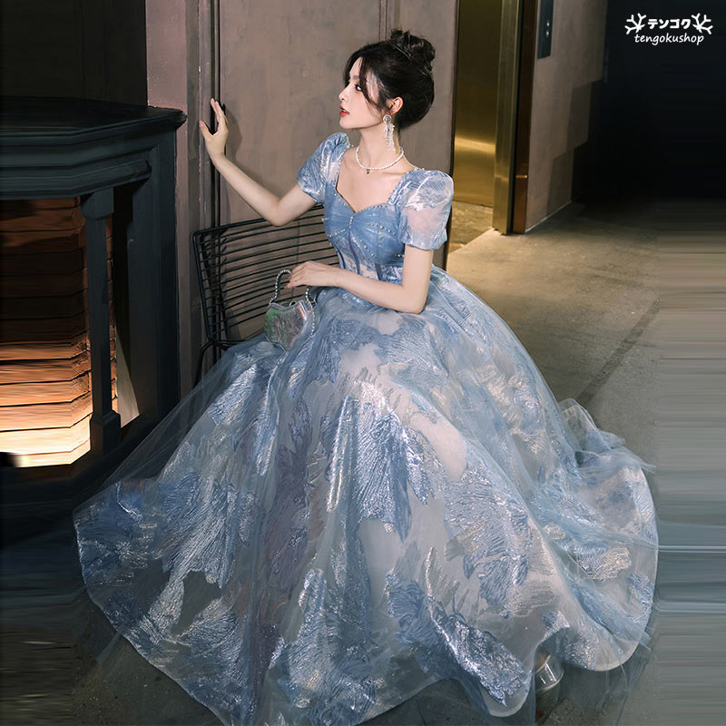 イブニングドレス ブルー ロングドレス 発表会ドレス パフスリーブ パーティードレス Aライン ロング 結婚式ドレス 二次会ドレス スクエアネック パール 花柄 ナイトドレス 20代 30代 40代 プリンセスドレス 演奏会ドレス ステージドレス 送料無料 SS S M L 2L 3L 4L