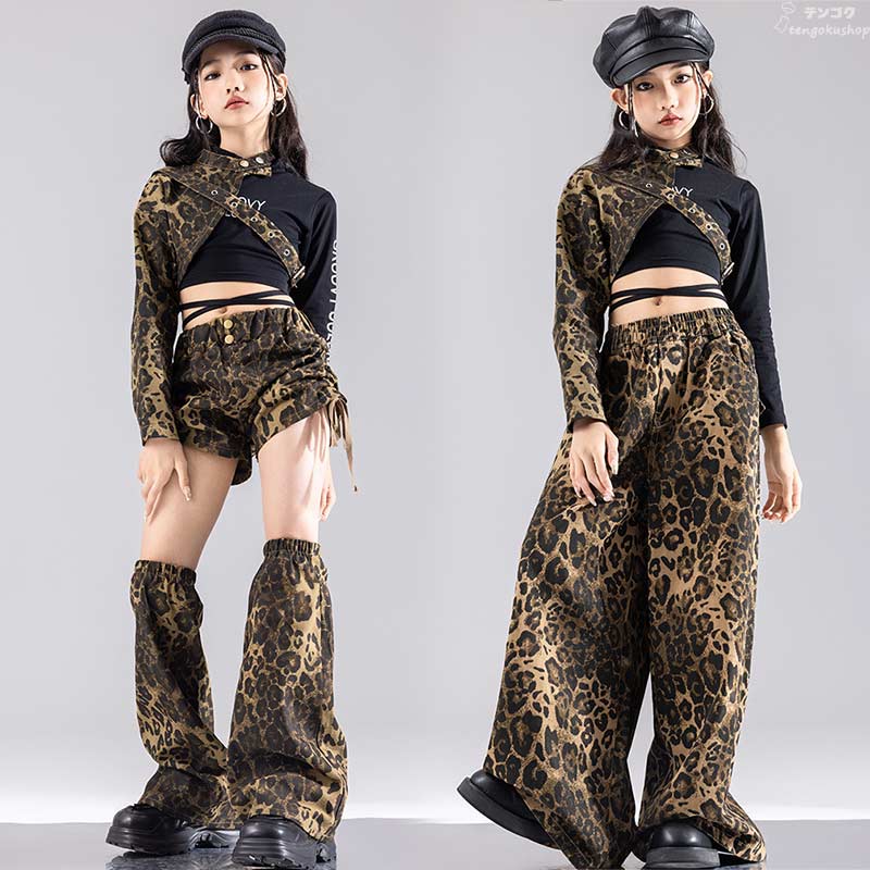 ダンス衣装 女の子 ダンスウェア ヒョウ柄 キッズダンス衣装 ジャズダンス キッズ ステージ衣装 ジャズダンス セットアップ ヒップホップ ファッション 夏 練習着 jazz hiphop 演出服 キッズ パンツセット ステージ おしゃれ k-pop 衣装 110 120 130 140 150