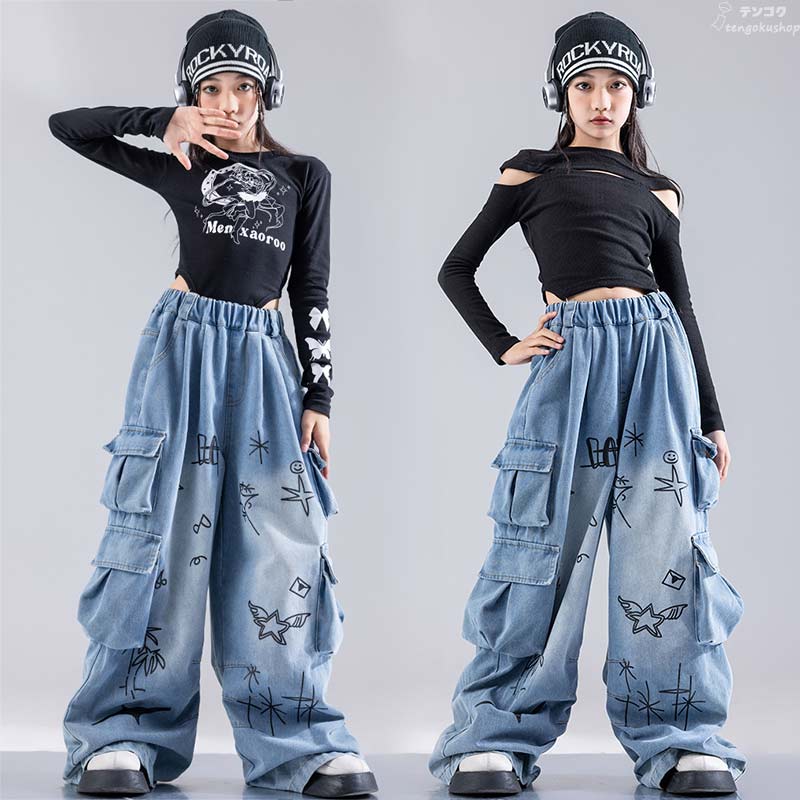 セットアップ ガールズ デニムパンツ デニムワイドパンツ キッズ ダンス衣装 K-POP 子供ダンス服 ジャズダンス キッズダンス衣装 キッズダンス衣装 長袖 ダンスウェア ヒップホップ キッズ 女の子 練習服 k-pop衣装 子供服 ステージ衣装 HIPHOP 110 120 130 140 150