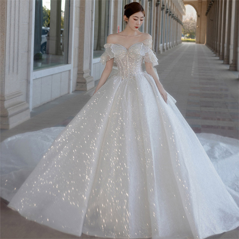 ウェディングドレス オフショルダー 花嫁ドレス ロングドレス キラキラ 素敵 キレイめ トレーンドレス エレガント 結婚式ドレス ウエディングドレス 海外挙式 Aライン ドレス 二次会 キラキラドレス トレーン 豪華 エンパイアライン プリンセスライン S M L XL XXXL 送料無料|天国ショップ