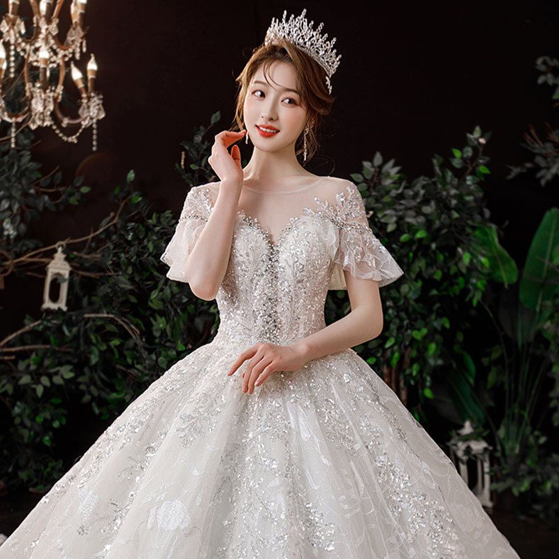 ウェディングドレス 袖あり 結婚式 ホワイトドレス 花嫁ドレス キラキラ プリンセスドレス トレーンドレス スパンコール キレイめ ウエディング 白 編み上げ 海外挙式 Aライン 披露宴 お姫様 ドレス フォーマル エレガント 高級感 大きいサイズ 送料無料 SS S M L LL 3L 4L