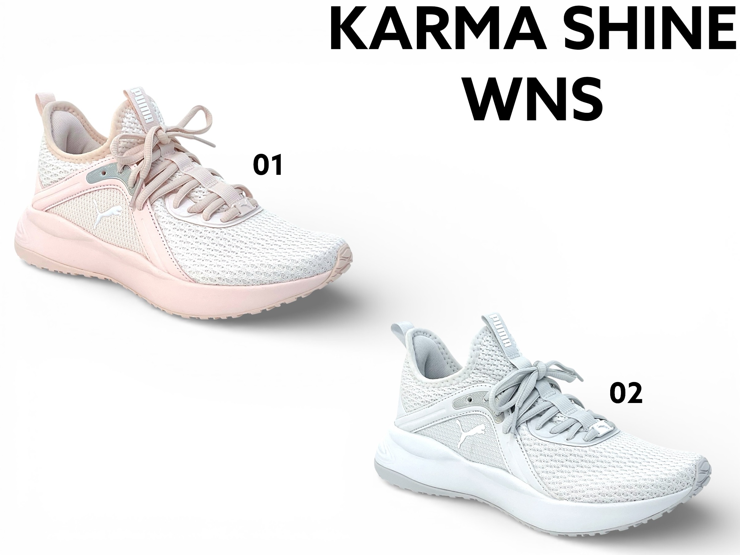 プーマ カルマ レディース スニーカー PUMA KARMA SHINE WNS 312895 SOFTRIDE メッシュ 軽量 ローカット カジュアル シューズ ウォーキング 紐靴 通勤 通学 女性用 ジャスミン×ホワイト シルバーミスト×ホワイト