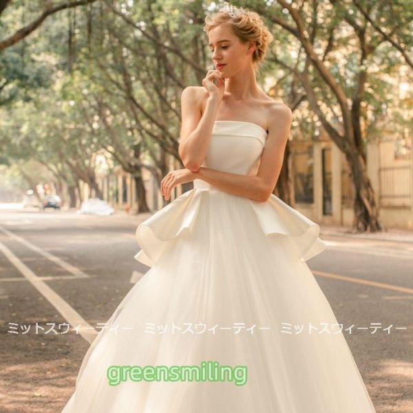 ウェディングドレス 花嫁 二次会 ビスチェドレス ペプラム ウエディングドレス 結婚式 ロングドレス Aライン トレーン 挙式 披露宴 ブライダル 編み上げ