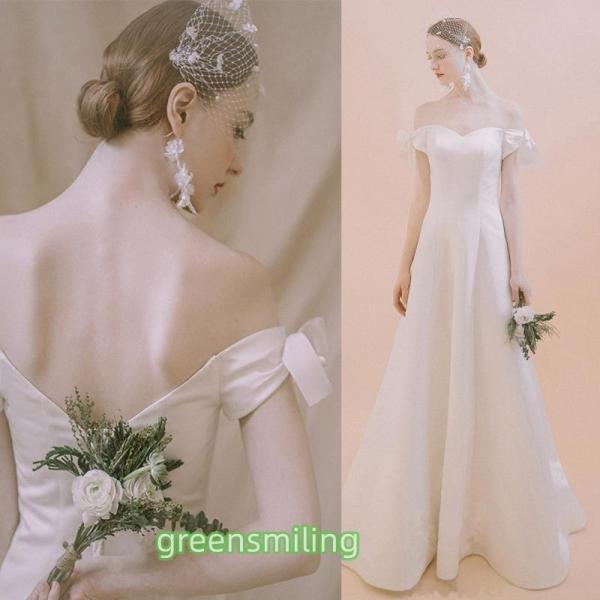新作 ウェディングドレス 二次会 花嫁 結婚式 Aライン ロング丈 ウエディングドレス 後撮り リボン シンプル エレガンス 披露宴 発表会 可愛い おしゃれ