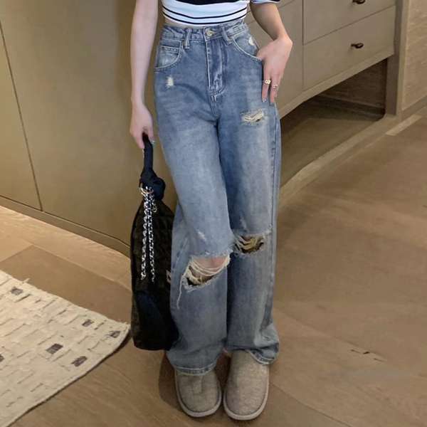 ストレートデニムパンツ ロングパ ダメージジーンズ ウォッシュジーンズ 韓国ファッション 体型カバー 美脚脚長パンツ 送料無料 4,236円