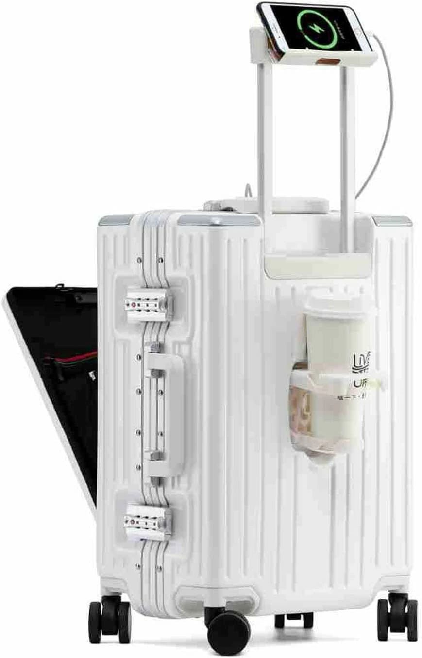 スーツケースフロントオープンキャリーケース USB Type-C 充電口 アルミフレーム フロントポケット多機能 カップボルダー付き TSAロック付き 携帯電話ホルダー付き 側面フック 多収納ポケット｜天神橋セレクト