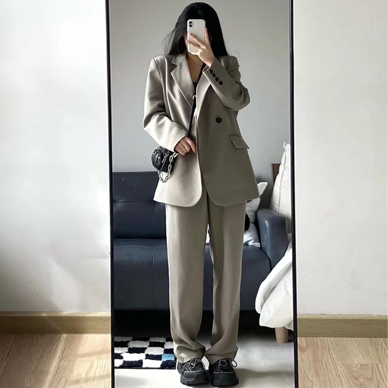 2color レディース セットアップ 上衣 ズボン下 背広  長袖 引っ切りない 襟付き添い人 上下仕掛ける 2点仕掛ける 成年者好いたらしい 好いたらしいめ 成年者 窈窕たる かっこ良い 成年者お姉さん XS S M L XL ミルクティーグレー 黒 黒いこと 無地 春 夏 秋 冬 10代 20代 30代 40代 50代 亭主もち用 パンツスーツ-スーツ・セットアップ-レディースファッション
