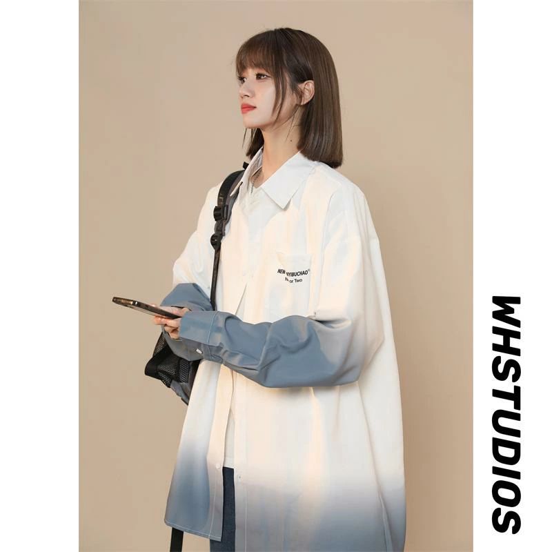 シャツ レディース 長袖 グラデーション 大きいサイズ シングルブレスト ボタン 夏 ポリエステル カーキ グレー 白 カジュアル 襟 トップス