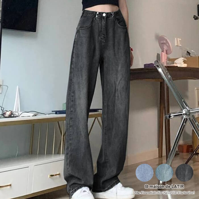 ルーズシルエットがオシャレなストレートモップデニム　ハイウエスト　ワイドパンツ　ジーンズ　カジュアル　春　薄い　レディース　着回し