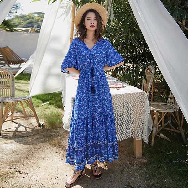 ワンピース マキシ丈 エスニック柄 リゾート Vネック 半袖 ボヘミアン 夏 ロングワンピース 体型カバー ゆったり 大人可愛い フレア 花柄 旅行 海 ビーチ 20代 30代 40代 レディース 涼しい 上品 韓国風 ナチュラル dk046l6l6l6