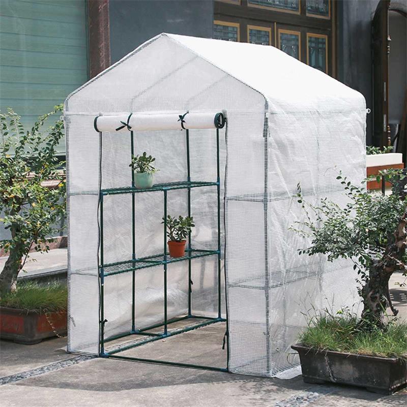 ビニールハウス ビニール温室 植物の温室 6段 家庭用 網戸付き 虫よけ PVC 保温 防水 花 野菜 栽培 菜園 フラワースタンド (143×210×195cm)