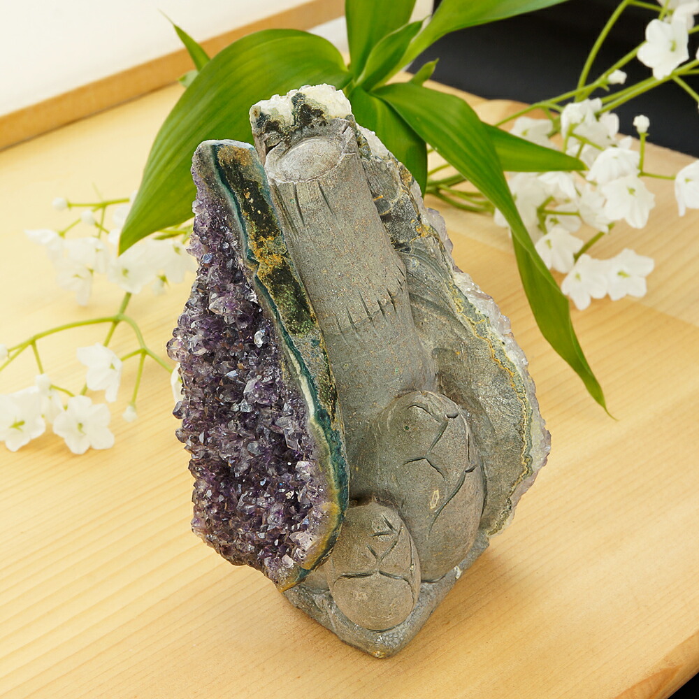 【タイムセール】 激レア! アメジストと熔岩石のコラボ 手彫り 彫刻 タケノコ 740g 天然石 パワーストーン インテリア 置物 雑貨 おしゃれ パープルカラー グレーカラー|テンカ店