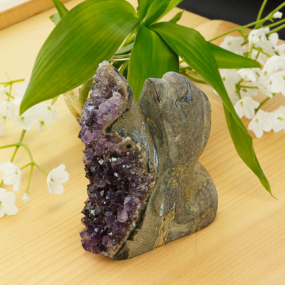 【ポイント20倍】 激レア！ アメジストと熔岩石のコラボ 手彫り 彫刻 イルカ 346g 天然石 パワーストーン インテリア 置物 雑貨 おしゃれ パープルカラー グレーカラー