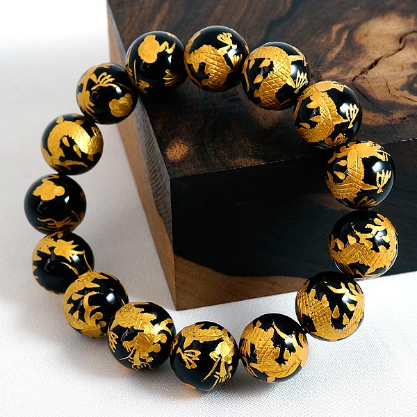 【ポイント20倍】 手彫り〈金龍〉オニキス(14mm)ブレスレット パワーストーン 天然石 腕輪 アクセサリー レディース メンズ ビーズ 厄除け 風水 お守り カジュアルデザイン ファッション プレゼント かわいい ギフト