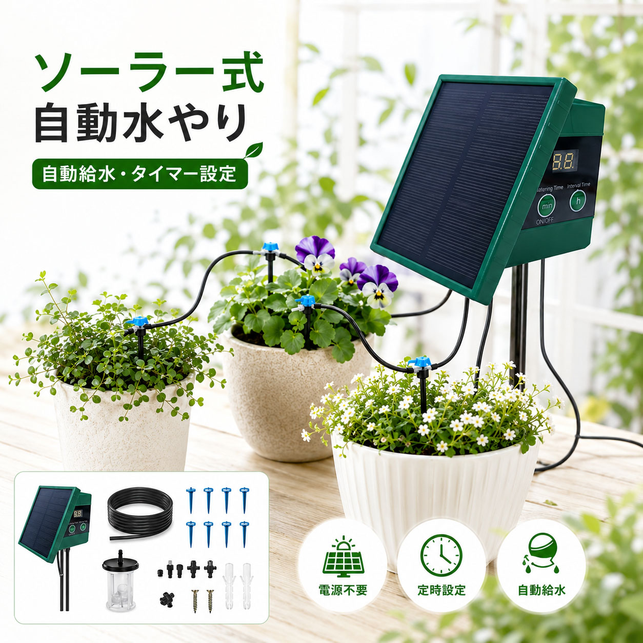 ソーラー自動水やり器 自動給水器 タイマー式 植物 自動水やり ソーラー充電 電源不要 水道不要 10鉢対応 10mチューブ付き 点滴ノズル 鉢植え ベランダ 庭 室内 家庭菜園 留守 旅行 出張 水やり忘れ対策|天馬SHOP