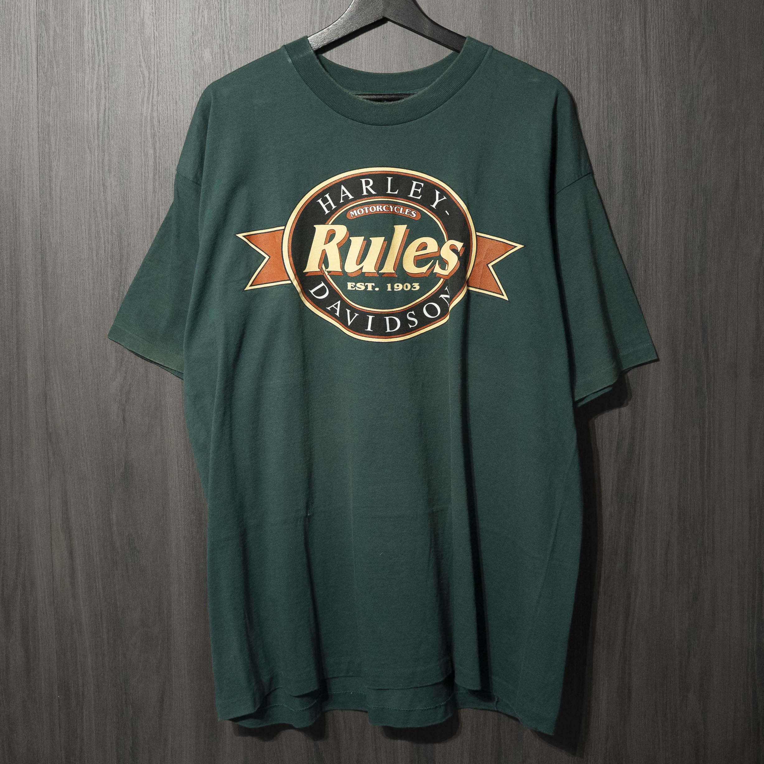 90s VINTAGE Harley Davidson \" Rules Green \"" 固定ディスク XL ハーレーダビッドソン 半袖プルオーバー 緑であること"