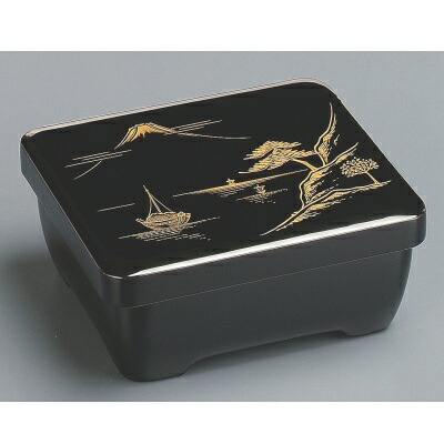 丼重 木製腰丸丼重黒内朱漆塗沈金景観  うな重 /御勤め用/新品/貨物輸送無料