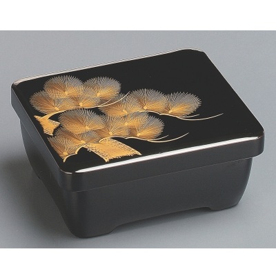 丼重 木製腰丸丼重黒内朱漆塗沈金老松  うな重 /御勤め用/新品/貨物輸送無料