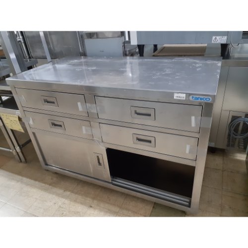 【中古】膳立て台 抽き出し付き添い人 幅1200×奥ふかさ600×高さ850 【貨物輸送別途積もり書き】【御勤め用】【飲食店 バス発着場 勝手もと備品 膳立て台 御勤め用膳立て台】