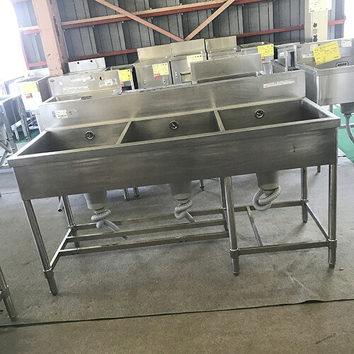 【中古】三槽シンク BGあり 幅1540×奥行600×高さ900 【送料別途見積】【業務用】【飲食店 店舗 厨房機器 三槽シンク 業務用三槽シンク】