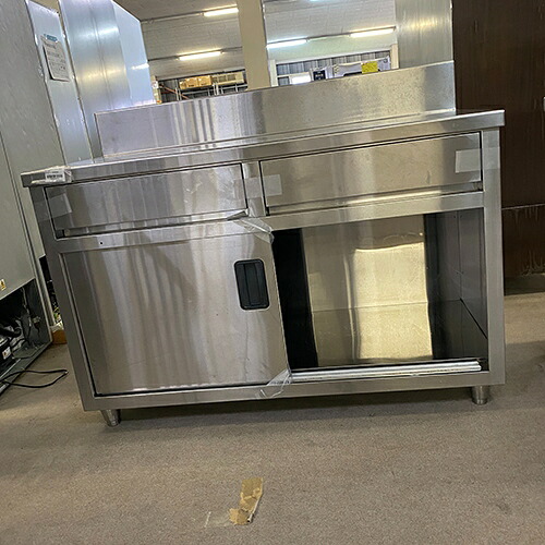 【中古】膳立て台 抽き出し付き添い人 BGあり 幅1200×奥ふかさ600×高さ850 【貨物輸送別途積もり書き】【御勤め用】【飲食店 バス発着場 勝手もと備品 膳立て台 御勤め用膳立て台】