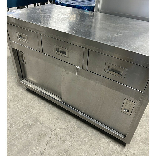 【中古】膳立て台 抽き出し付き添い人 幅1200×奥ふかさ600×高さ800 【貨物輸送別途積もり書き】【御勤め用】【飲食店 バス発着場 勝手もと備品 膳立て台 御勤め用膳立て台】