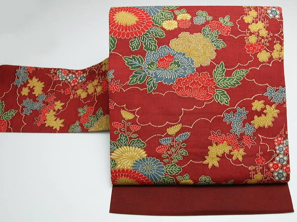 名古屋帯 雲に植物文の紬地名古屋帯 【リサイクルきもの・リサイクル着物・通販・販売・アンティーク着物・着物買い取りの専門店】【中古 kimono 中古品】(Y)
