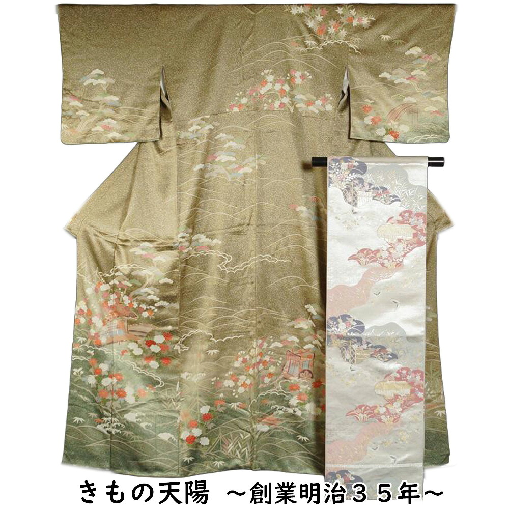 着物セット 訪問着・袋帯 2点 セット 磯辺にお屋敷、百花模様 Mサイズ 綸子 海松色系 刺繍 撒き糊 【送料無料 訪問着 中古 訪問着 セット 中古 リサイクル着物 付下げ 正絹 着物 訪問着 購入 販売 】