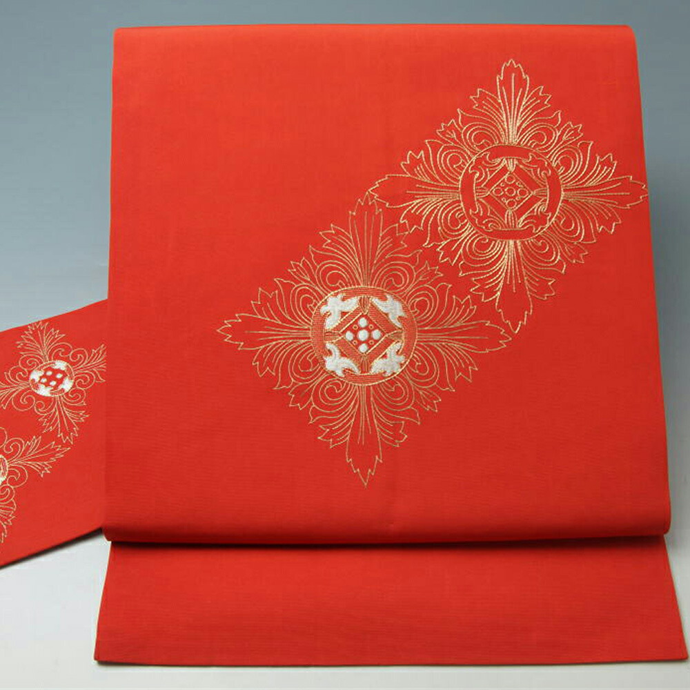 名古屋帯 塩瀬 菱華文模様 刺繍 正絹 お太鼓柄 【中古】【リサイクル名古屋帯 正絹 中古 帯 仕立て上がり 正絹 名古屋帯 名古屋帯 リサイクル 名古屋帯 リサイクル着物 カジュアル】