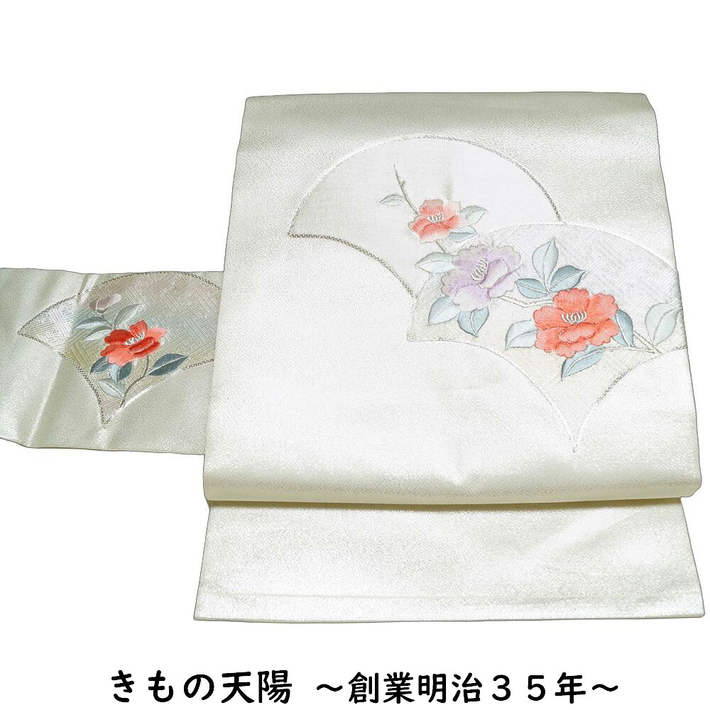 【ポイント5倍!お買物M中】 名古屋帯 銀杏取に椿模様 刺繍 銀色系 正絹 名古屋帯 【名古屋帯 中古 名古屋 帯 九寸帯 リサイクル着物 名古屋帯 セミフォーマル 銀糸】 4,565円