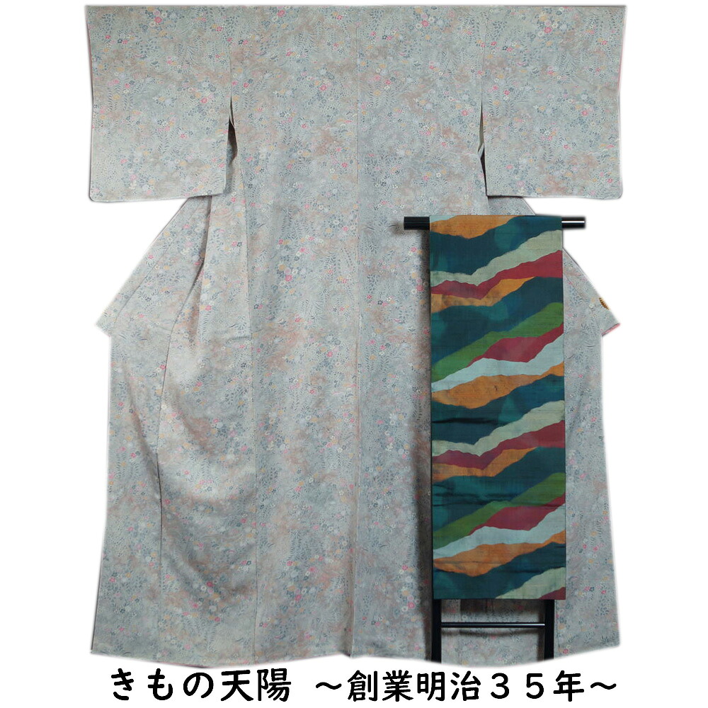 着物セット 小紋・名古屋帯 2点 セット 春秋草花模様 Mサイズ 小紋 名古屋帯 【送料無料 中古】【小紋 リサイクル着物 リサイクル小紋 着物 正絹 カジュアル 普段着物 練習用着物 お稽古用着物 お茶】