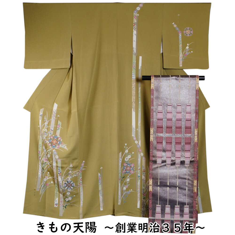 着物セット 訪問着・西陣 河村織物 袋帯 2点 セット 短冊に華文模様 金刺繍 ダークカーキ色 重ね衿付き 【送料無料 中古 リサイクル 訪問着 リサイクル着物 仕立て上がり 正絹 結婚式 訪問着 購入 販売 付下げ 付け下げ フォーマル 着物】|きもの天陽