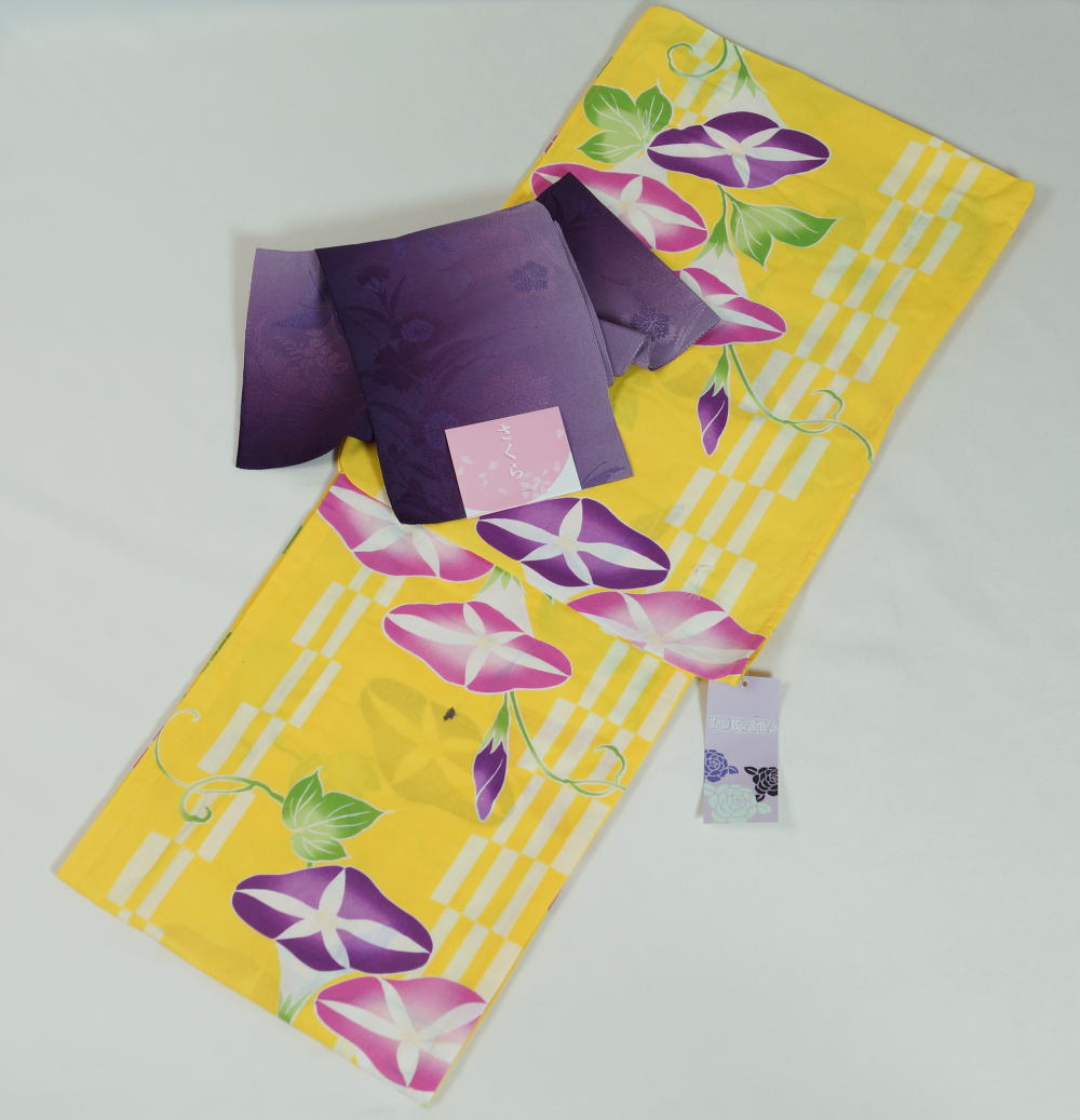 新品 プレタ 綿 ２点 浴衣セット 浴衣帯 レトロ ゆかた 送料無料 セット レディース フリーサイズ 大人浴衣 朝顔模様 浴衣