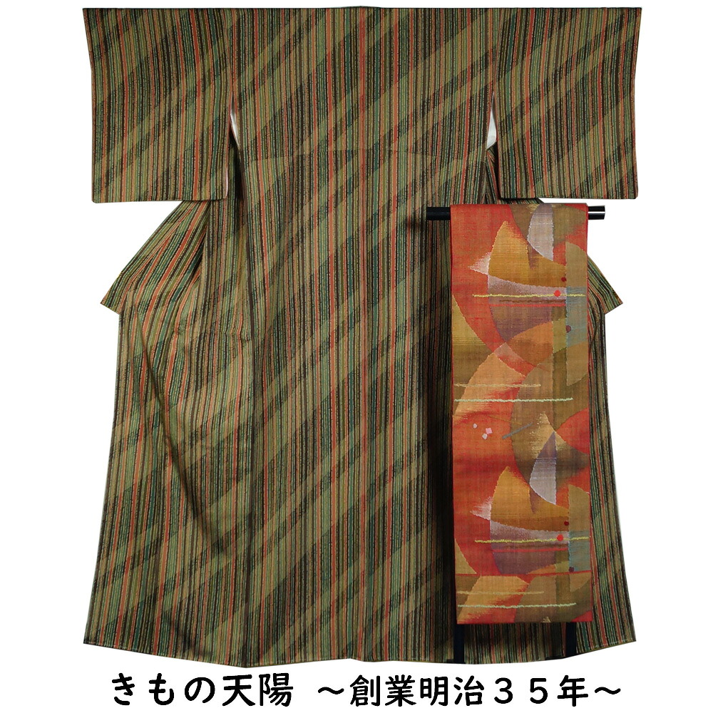 【ポイント5倍!お買物M中】 着物セット 小紋・八寸名古屋帯 2点 セット 縞模様 Lサイズ 【送料無料 小紋 中古 小紋着物 小紋 着物 リサイクル着物 小紋 リサイクル 着物 リサイクル小紋 リサイクル着物 正絹 ちりめん 】